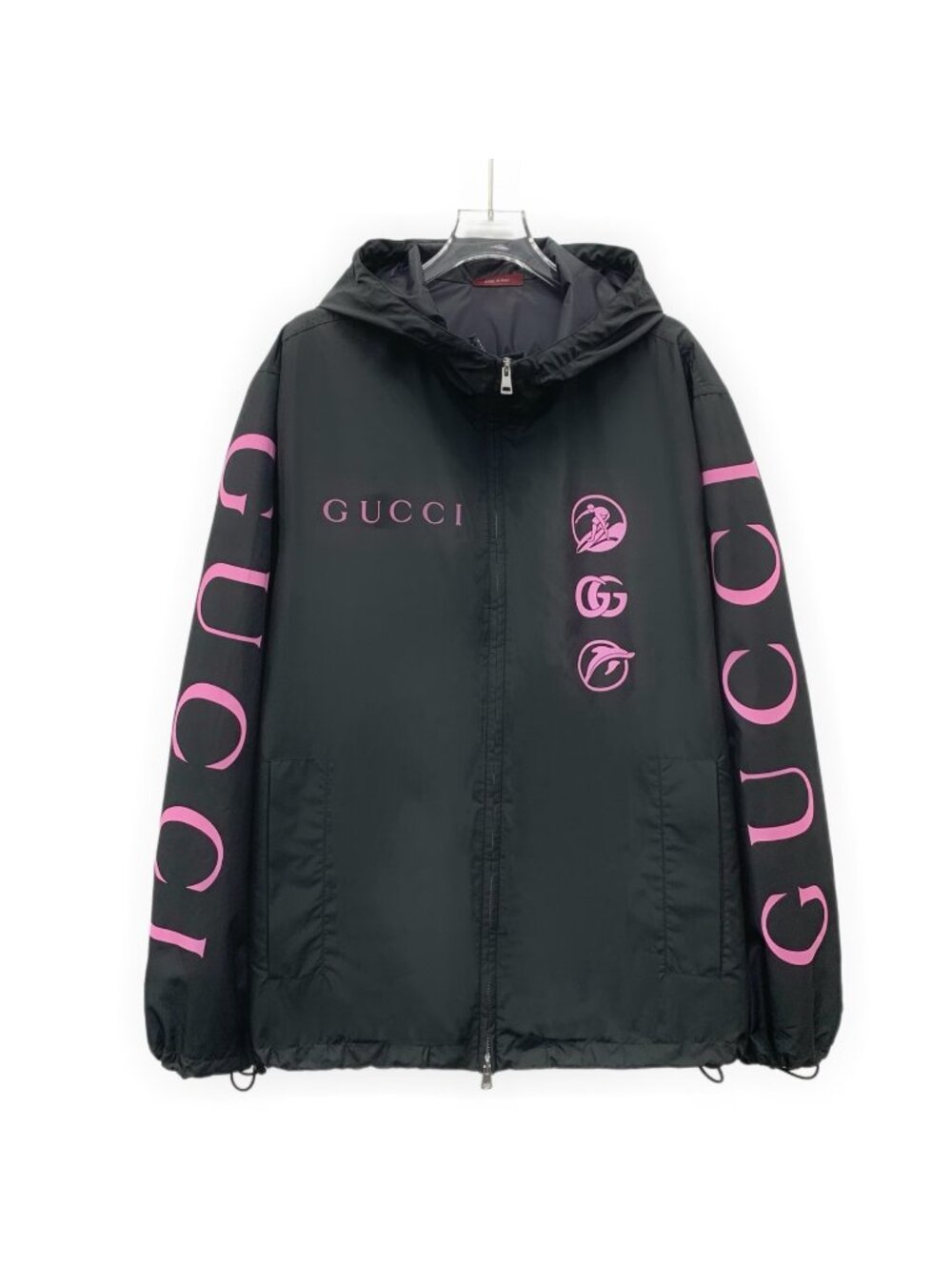 Gucci Black Logo Print Hooded Zip Jacket